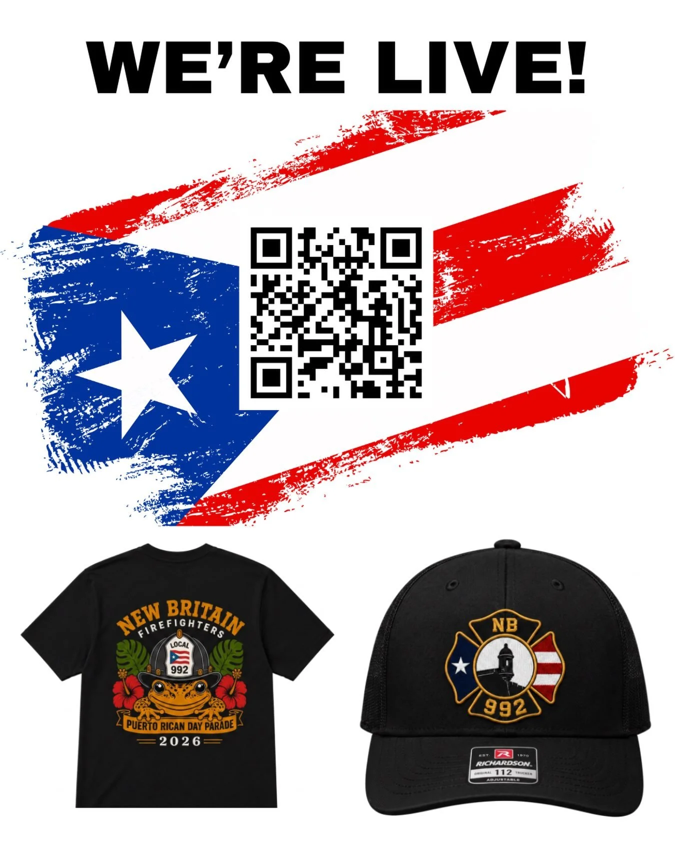 🚨 THE STORE IS LIVE! 🚨

The 2026 New Britain Firefighters Local 992 Puerto Rican Day Parade store is officially open.

Grab your favorites while they&rsquo;re available:
🔥 T-Shirts
🔥 Long Sleeves
🔥 Hoodies
🔥 Richardson 112 Hats

Don&rsquo;t wai