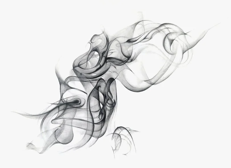 Abstract black and gray smoke swirling across a white background.