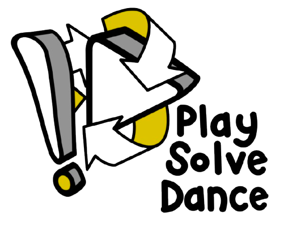 Play Solve Dance logo featuring abstract illustrated shapes in grey, white and yellow