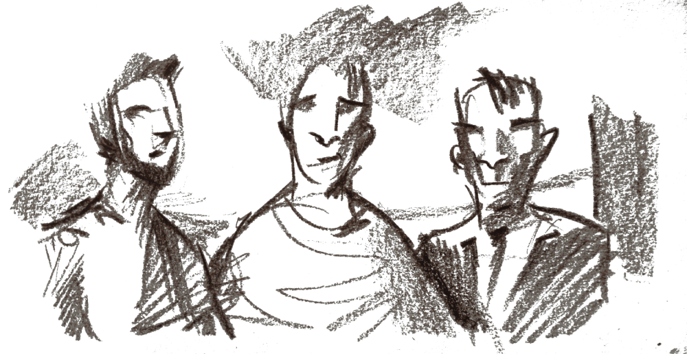 Loose charcoal sketch of three figures gathered together, drawn in black mark-making