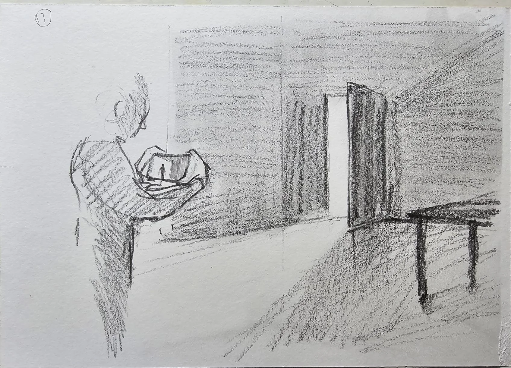 Pencil sketch showing a framed sequence scene with silhouetted figure in doorway, and a lone figure surrounded by swirling watching eyes.