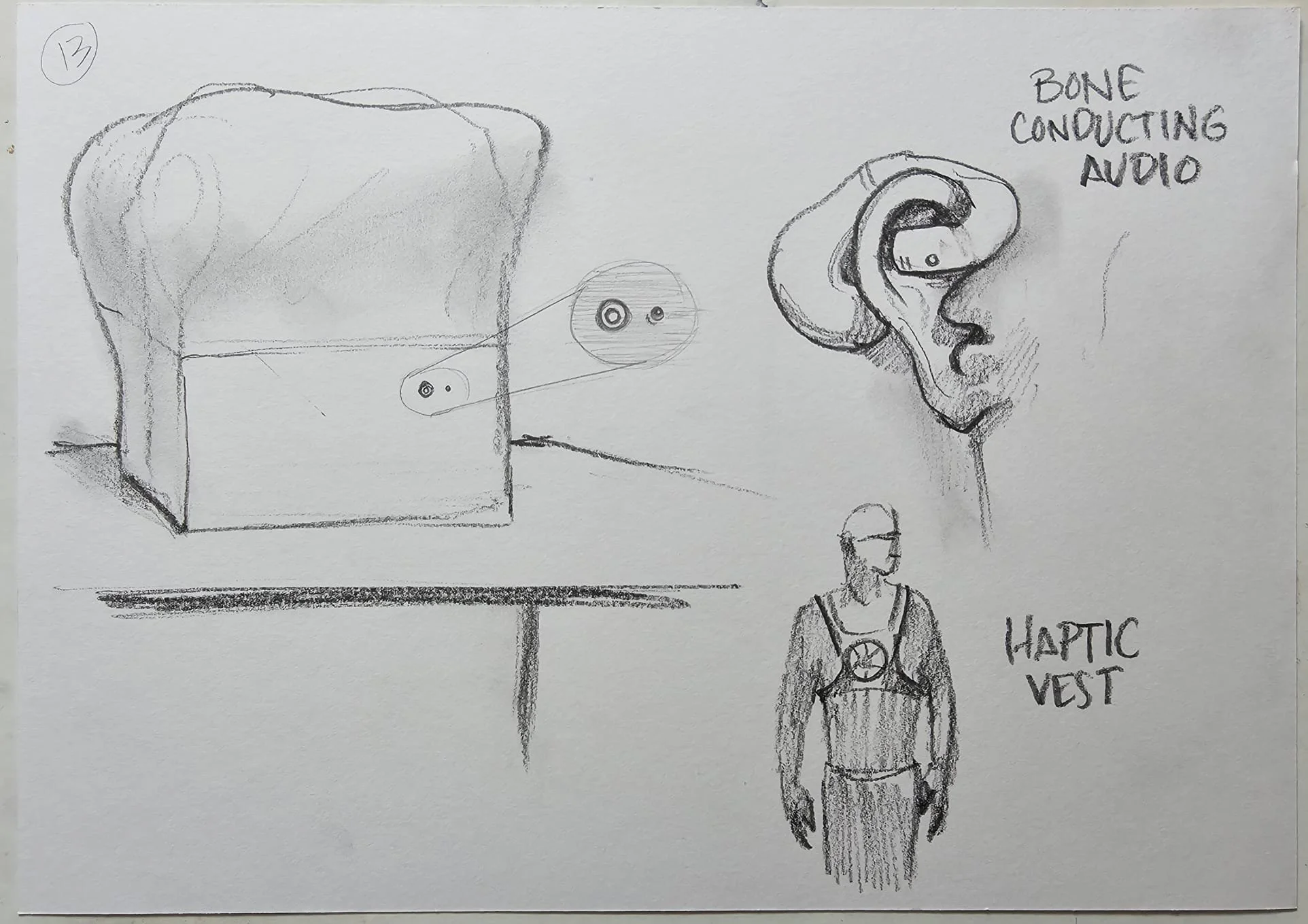 Pencil sketch exploring bone conducting audio and haptic vest design for the Good Enough storybox experience, with ear and figure diagrams.