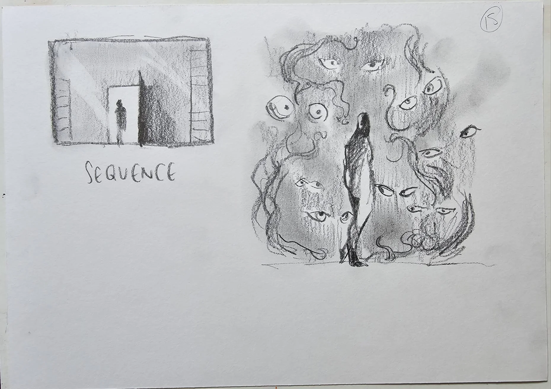 Pencil sketch showing a framed sequence scene with silhouetted figure in doorway, and a lone figure surrounded by swirling watching eyes.