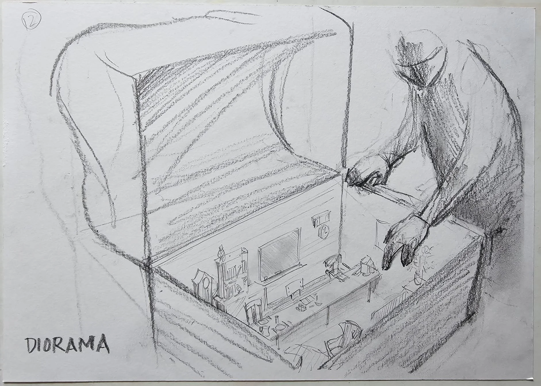 Pencil sketch of a participant leaning into an illuminated storybox on a table, small figure visible inside, freestanding screen to the right.