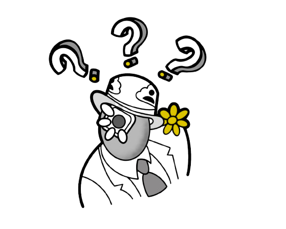 Cartoon illustration of a person with a skull face mask, wearing a suit and tie, with question marks above their head and a yellow flower in their fingers.