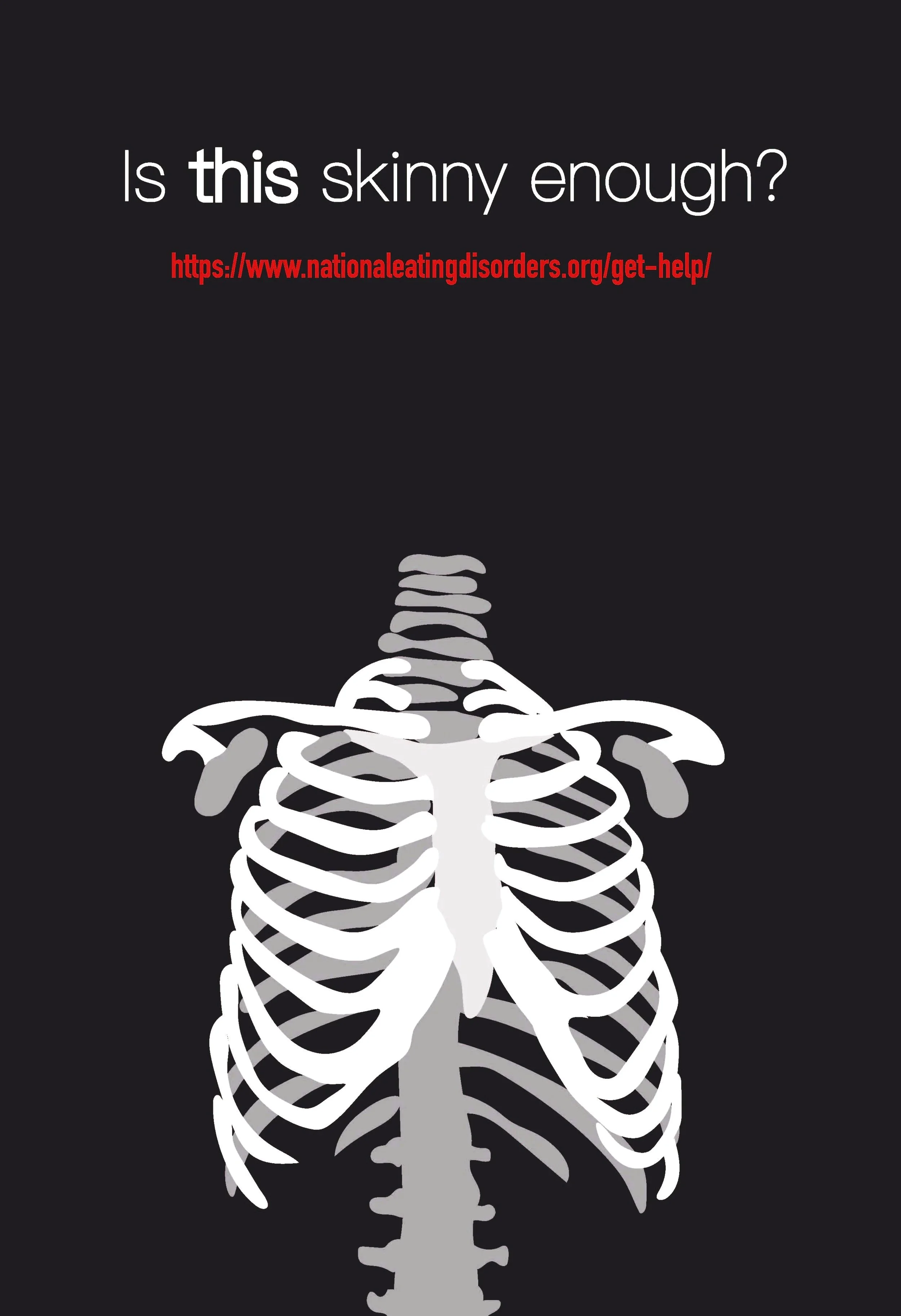 Digital illustration of a simplified human ribcage with a question asking about skinny body image and a URL for a support organization.