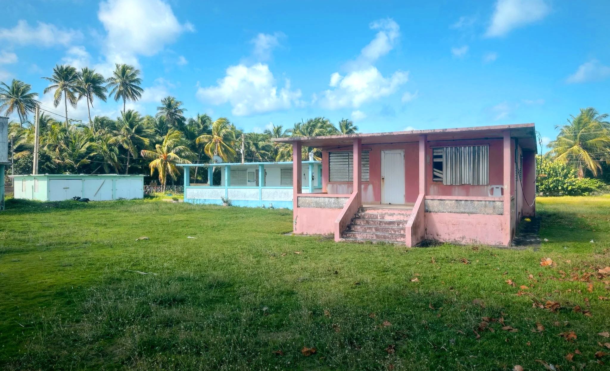 A small pink building with stairs and a white door, surrounded by green grass and palm trees under a blue sky with clouds.