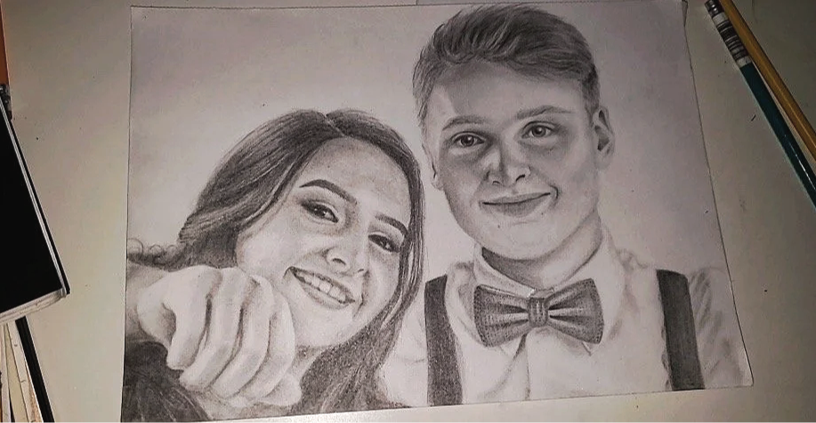 A detailed pencil sketch of a smiling woman and a man wearing a bowtie, with the woman pointing towards the viewer.
