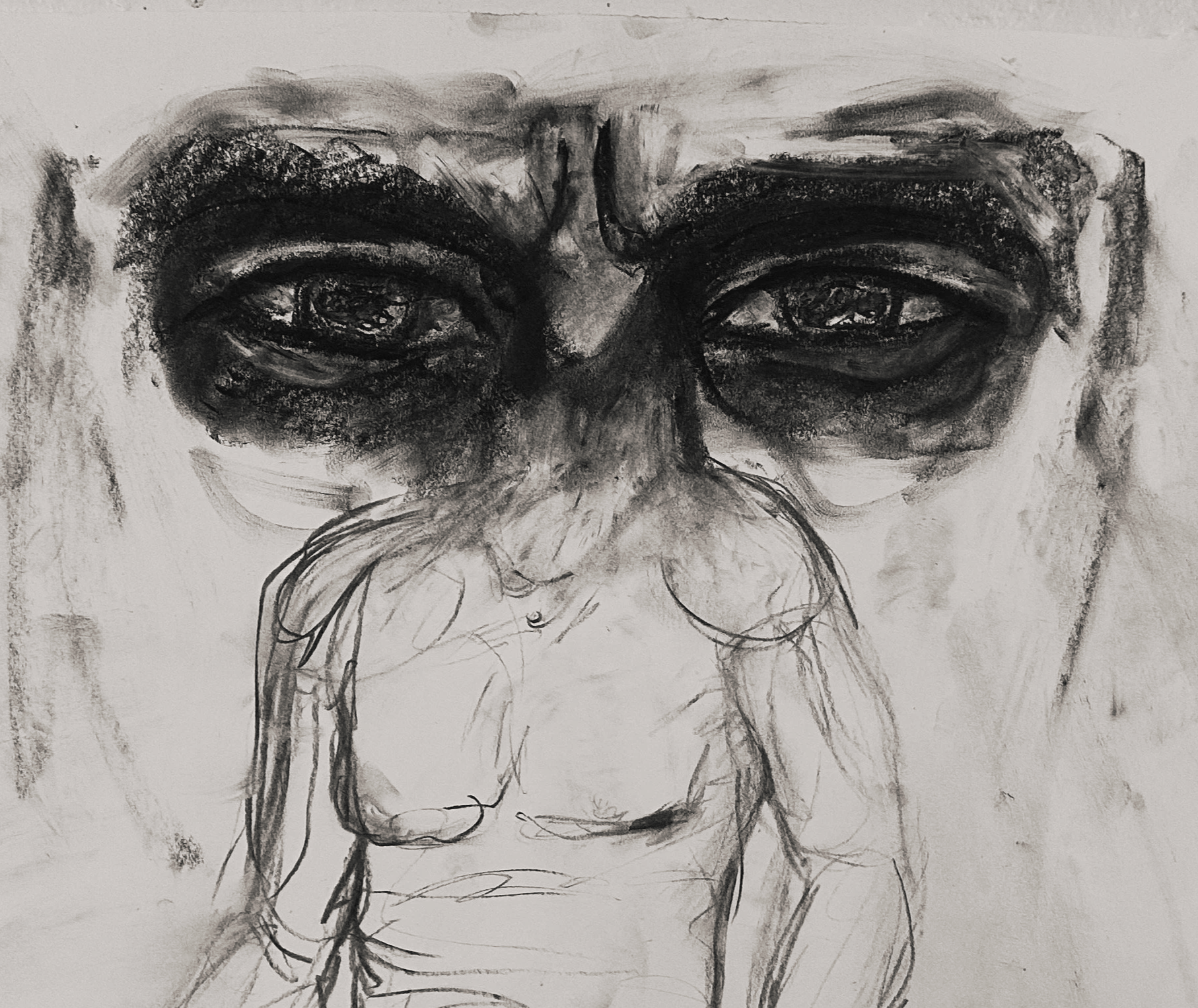 A charcoal sketch of a pug dog, with large, expressive eyes and a wrinkled face, seated and facing forward.