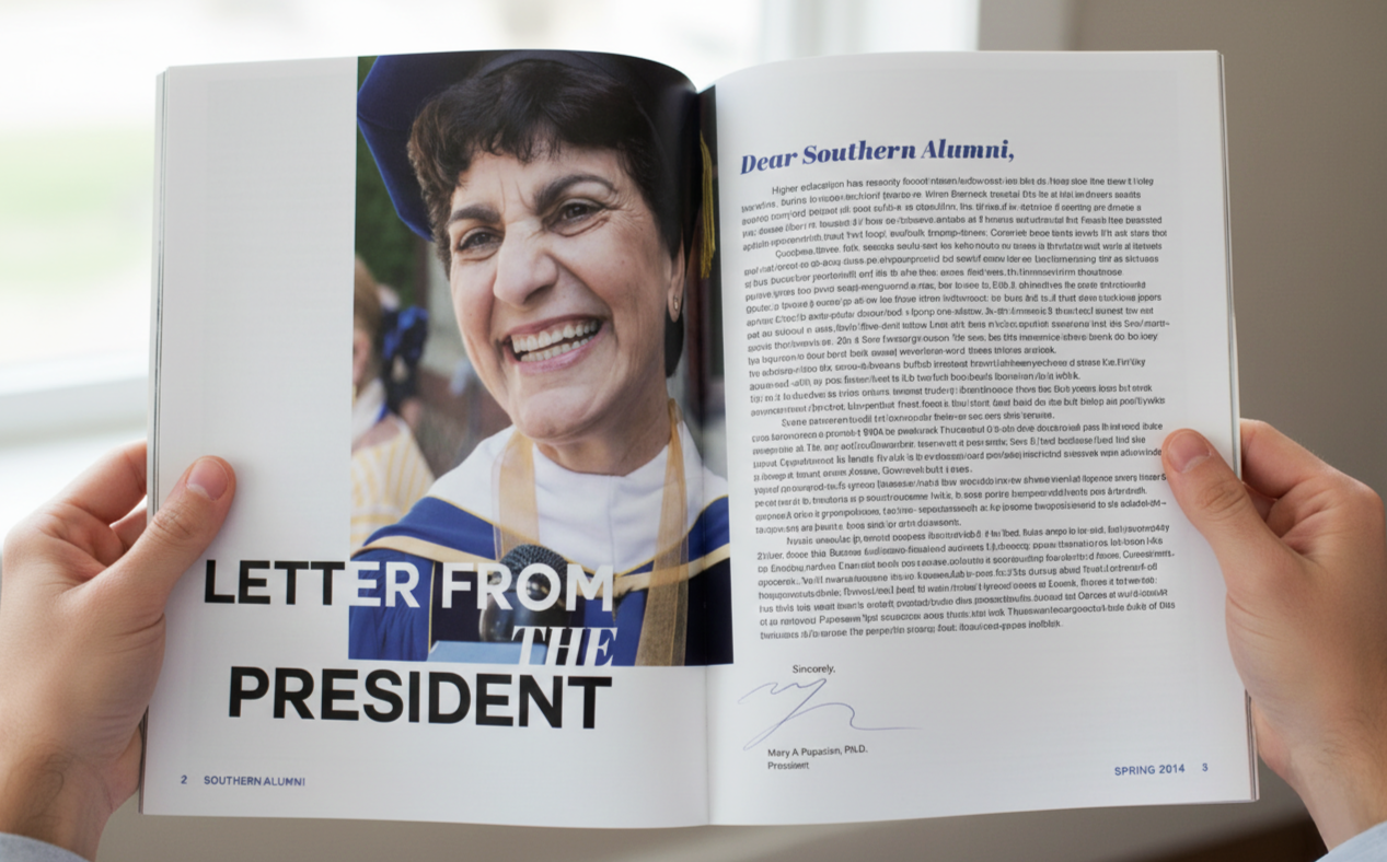 A person holding an open magazine or booklet showing a photograph of a smiling woman wearing a graduation cap and gown, with text that reads 'LETTER FROM THE PRESIDENT' and a signature.