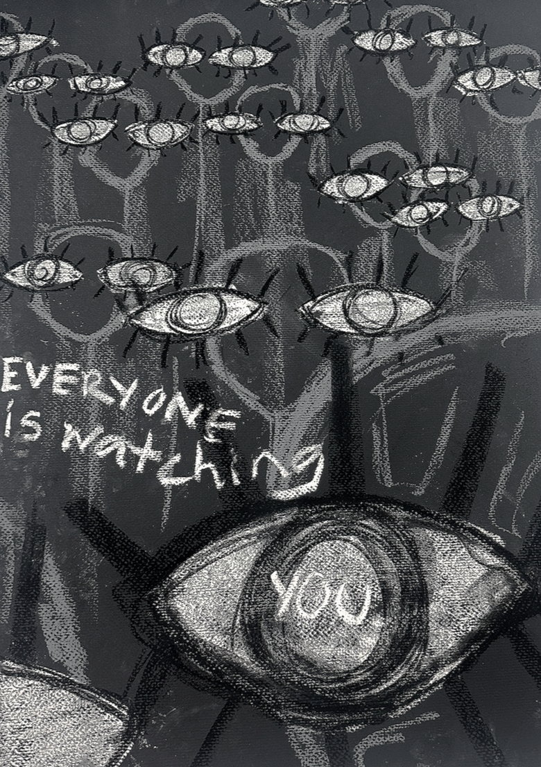 A chalk drawing on a dark background features a tree with many eyeball-shaped flowers, an eye with a heart inside it, and the phrase "Everyone is watching" written on the left side.