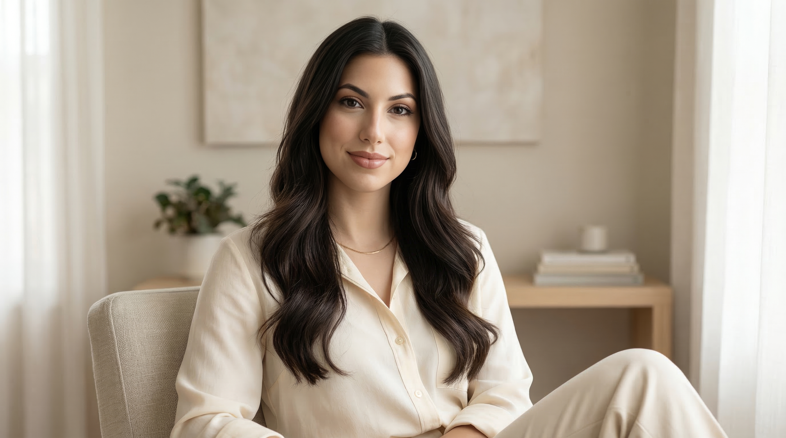 A young woman with long dark hair and light makeup, wearing a cream-colored blouse, sitting in a bright room with a neutral color palette. There are plants and stacks of books in the background.
