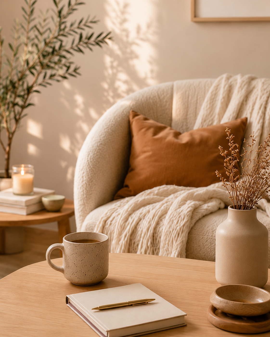 Cozy living room with a beige armchair, a brown pillow, a beige throw blanket, a wooden side table with a candle, books, and a small bowl, a coffee mug, a notebook, a pen, and a white vase with dried flowers on a wooden coffee table, with sunlight creating shadows of plants on the wall.