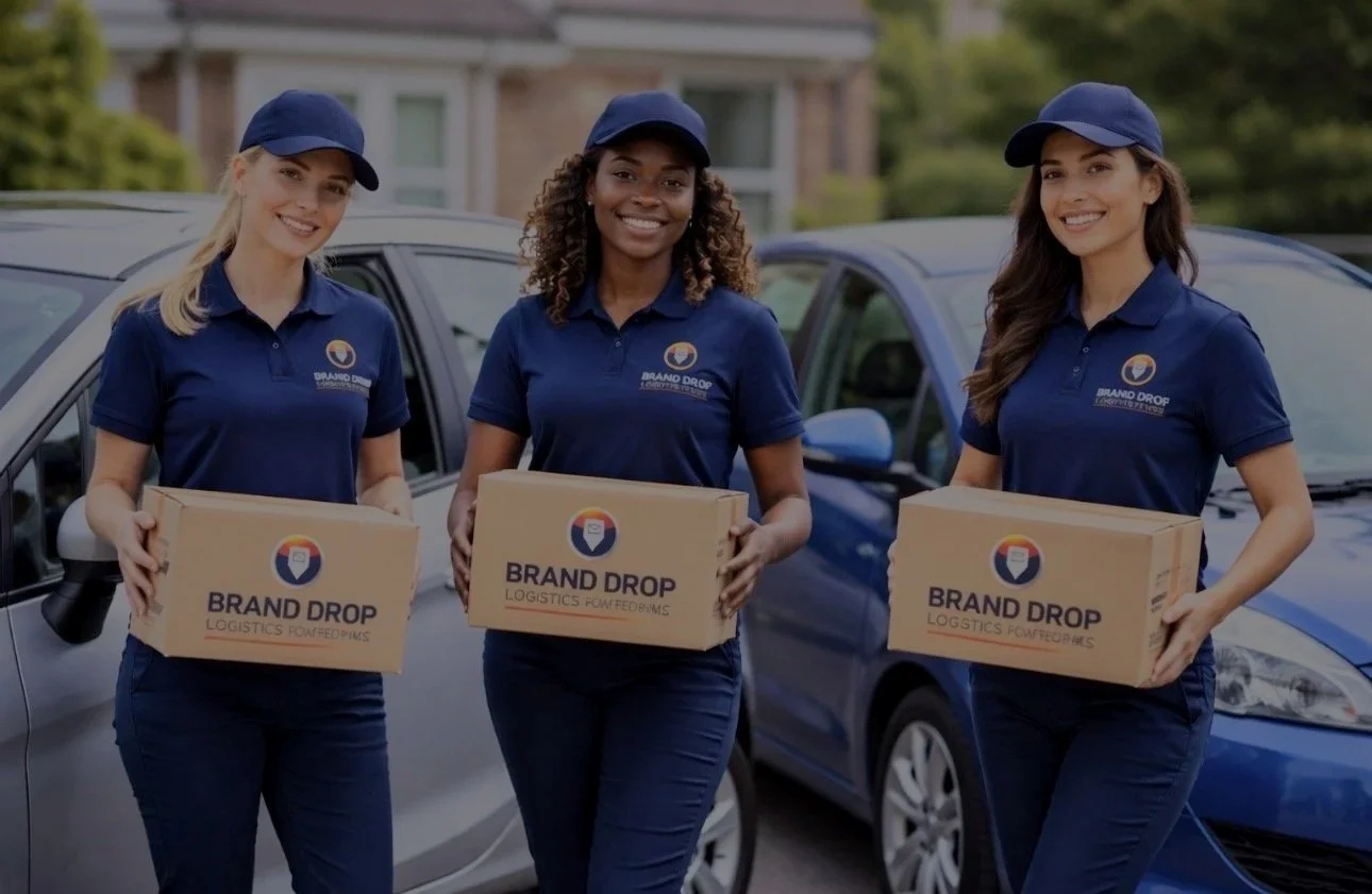 Three women in matching blue uniforms and caps standing in front of cars, holding boxes labeled "Brand Drop Logistics POW FedEx" outdoors.