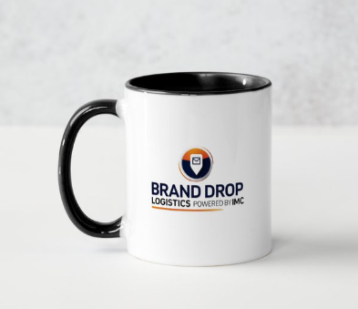 White mug with black handle and interior, featuring a logo for Brand Drop Logistics on a plain background.