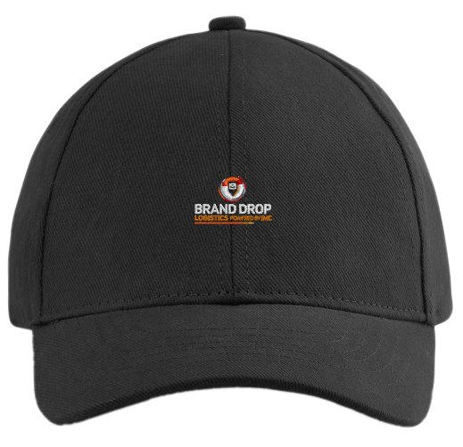 Black baseball cap with embroidered logo and text reading "BRAND DROP LOGISTICS POWERED BY JMC".
