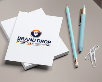 Two sheets of paper with a company logo, a blue pencil, a blue pen, and a paperclip on a gray surface.