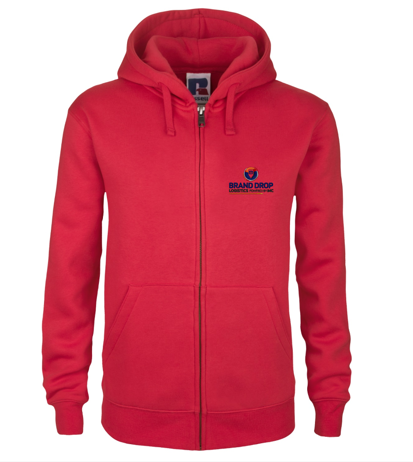 Red zip-up hoodie with a logo on the left chest for a logistics company.