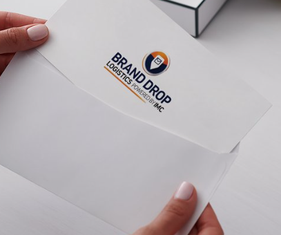 Person holding an envelope with a logo and text for 'Brand Drop Logistics' on the flap.