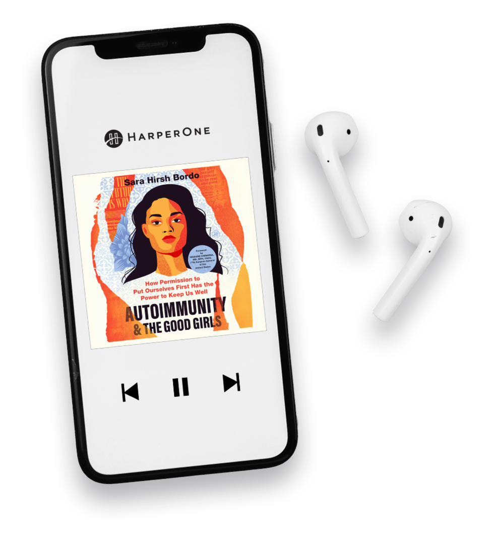Smartphone displaying a music player app with an album cover titled 'Autoimmunity & The Good Girls' by Sara Hirsh Bordo, next to wireless earbuds on a black background.
