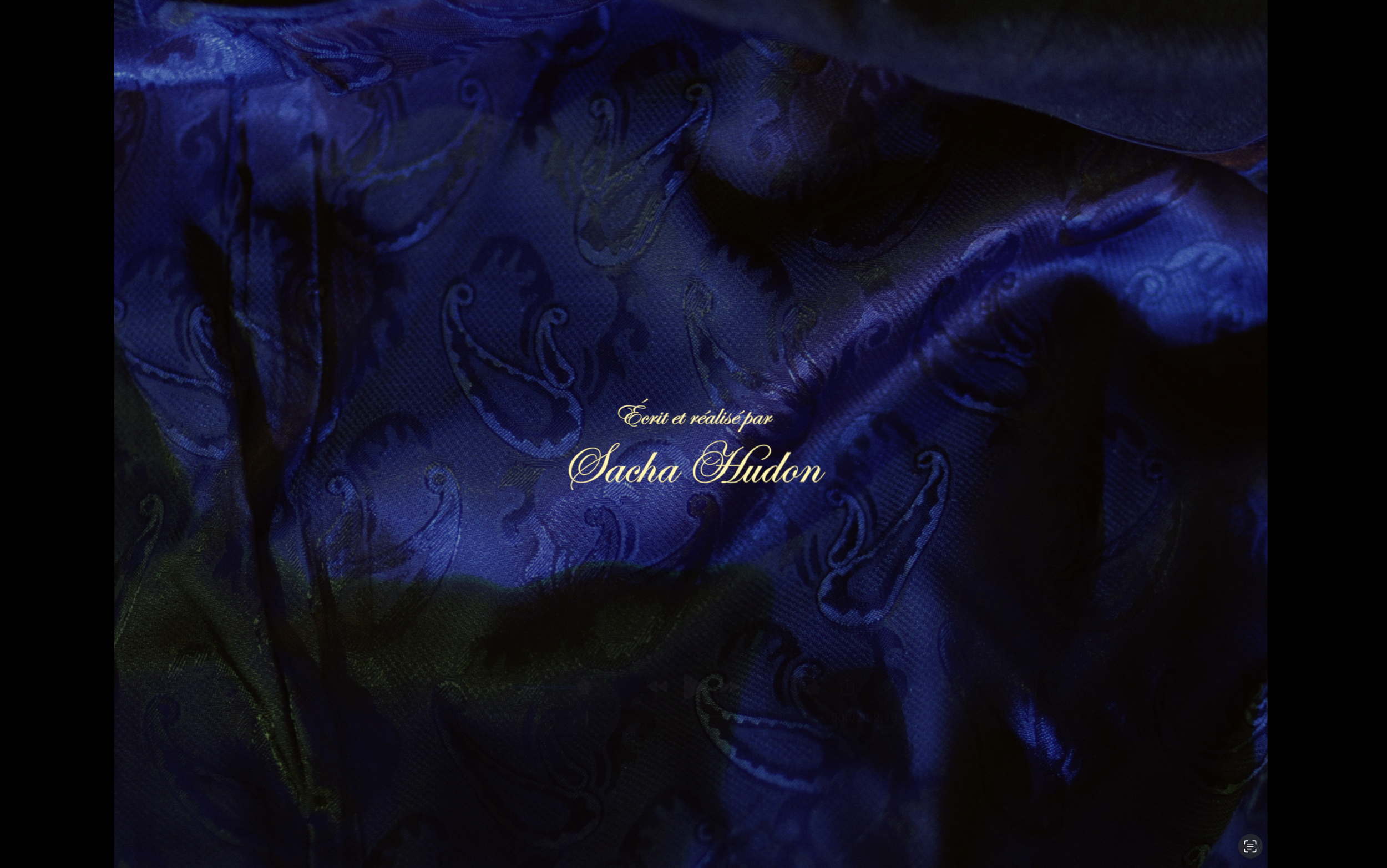 Une image de tissu bleu sombre avec un motif de motifs dorés, présentant un texte en français indiquant l'auteur Sacha Hudon.