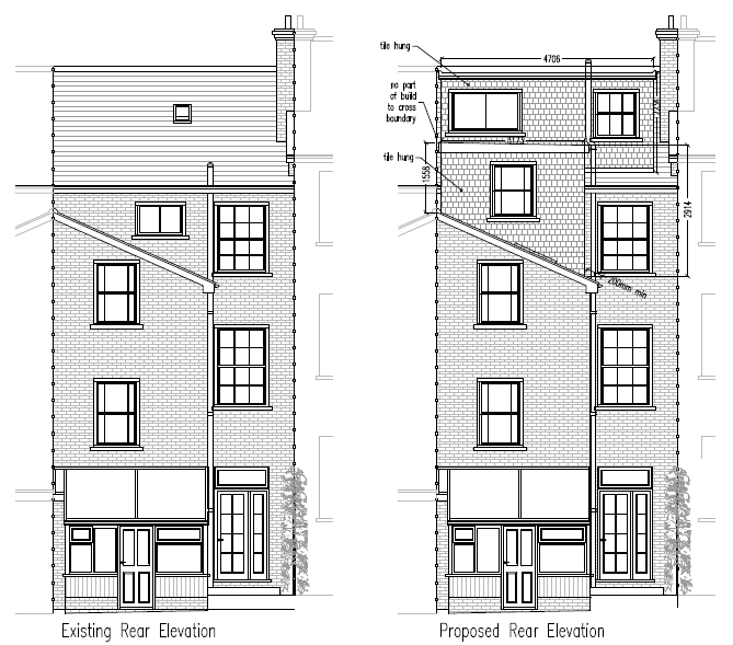 Architectural planning application drawing showing existing and proposed rear elevation of a residential terraced brick Victorian town house with L-shaped loft conversion including measurements and design notes. Tunbridge Wells