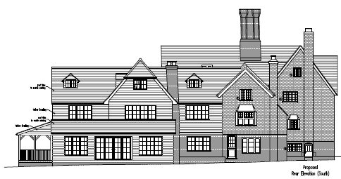 Architectural planning elevation drawing of a large Grade 2 listed house with two storey extension to include enlarged kitchen, additional bedrooms, bathroom and internal alterations. New porch to new boot room area. Kent