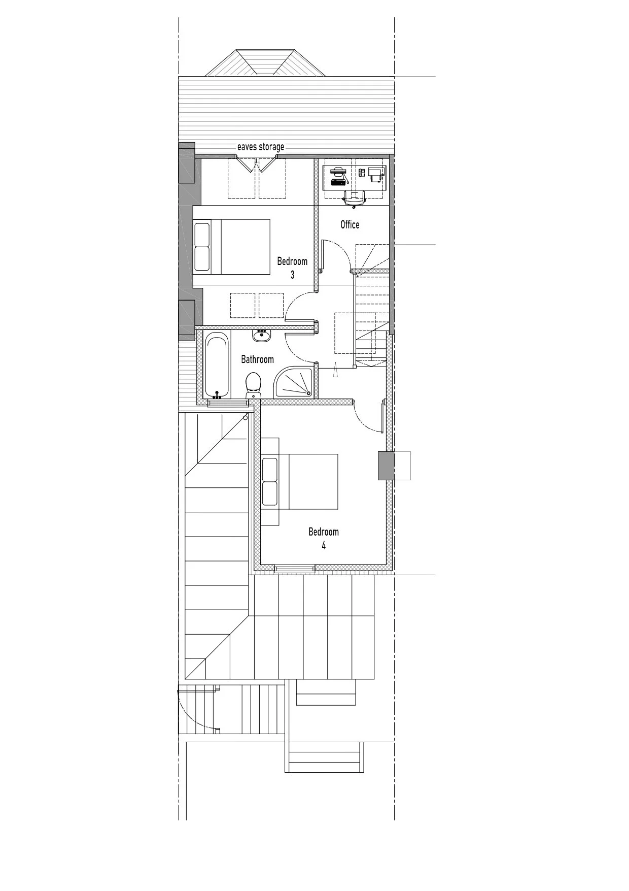 Architectural planning drawing showing proposed loft floor plan of a house with additional two bedrooms, a bathroom, an office, and eaves storage in the attic. Tunbridge Wells
