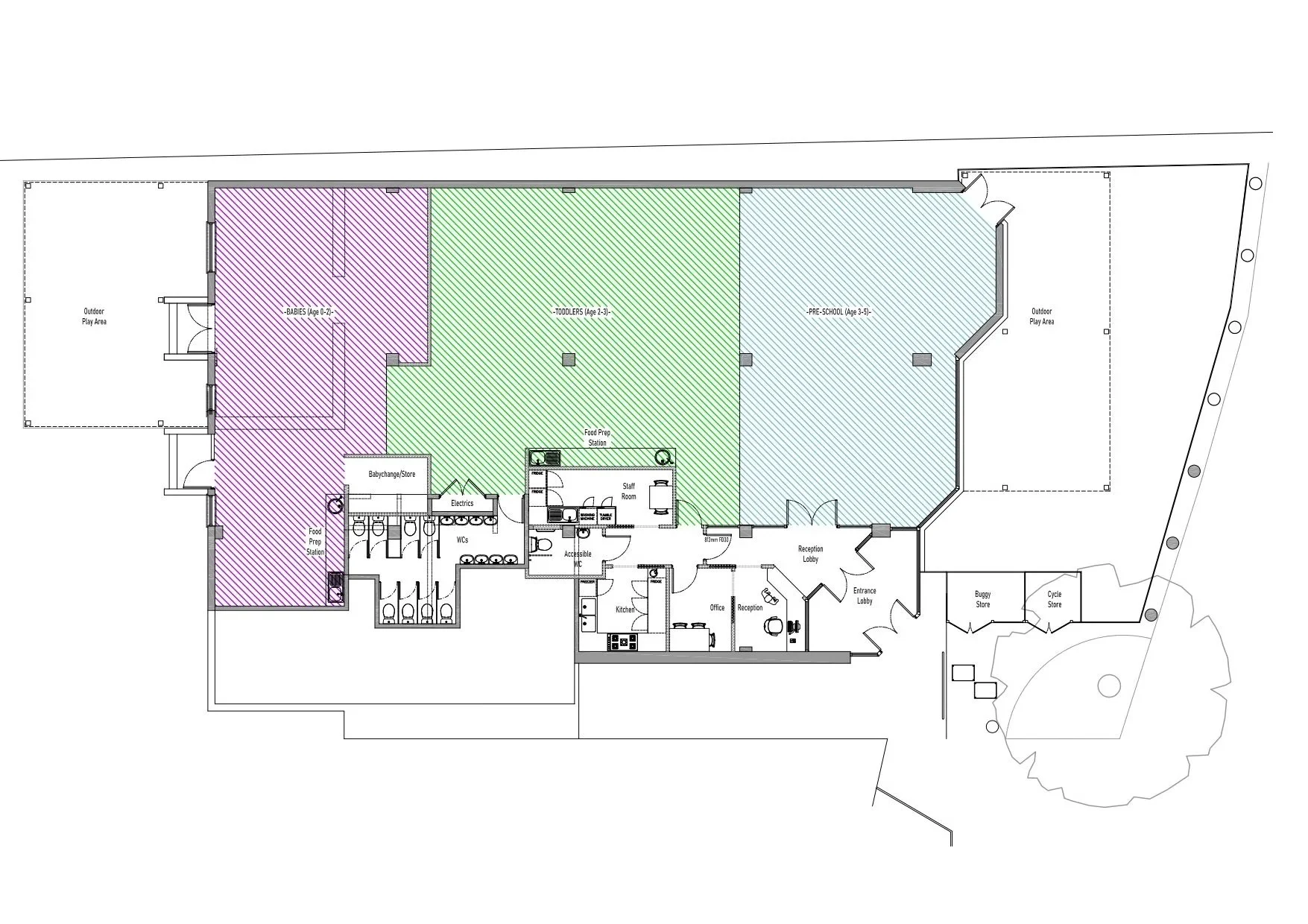 Proposed floor plan layout for feasibility study for a daycare nursery. Layout includes indoor play area divided into zones for babies, toddlers, and preschoolers, with outdoor play areas, reception, offices, restrooms, kitchen, and storage spaces.