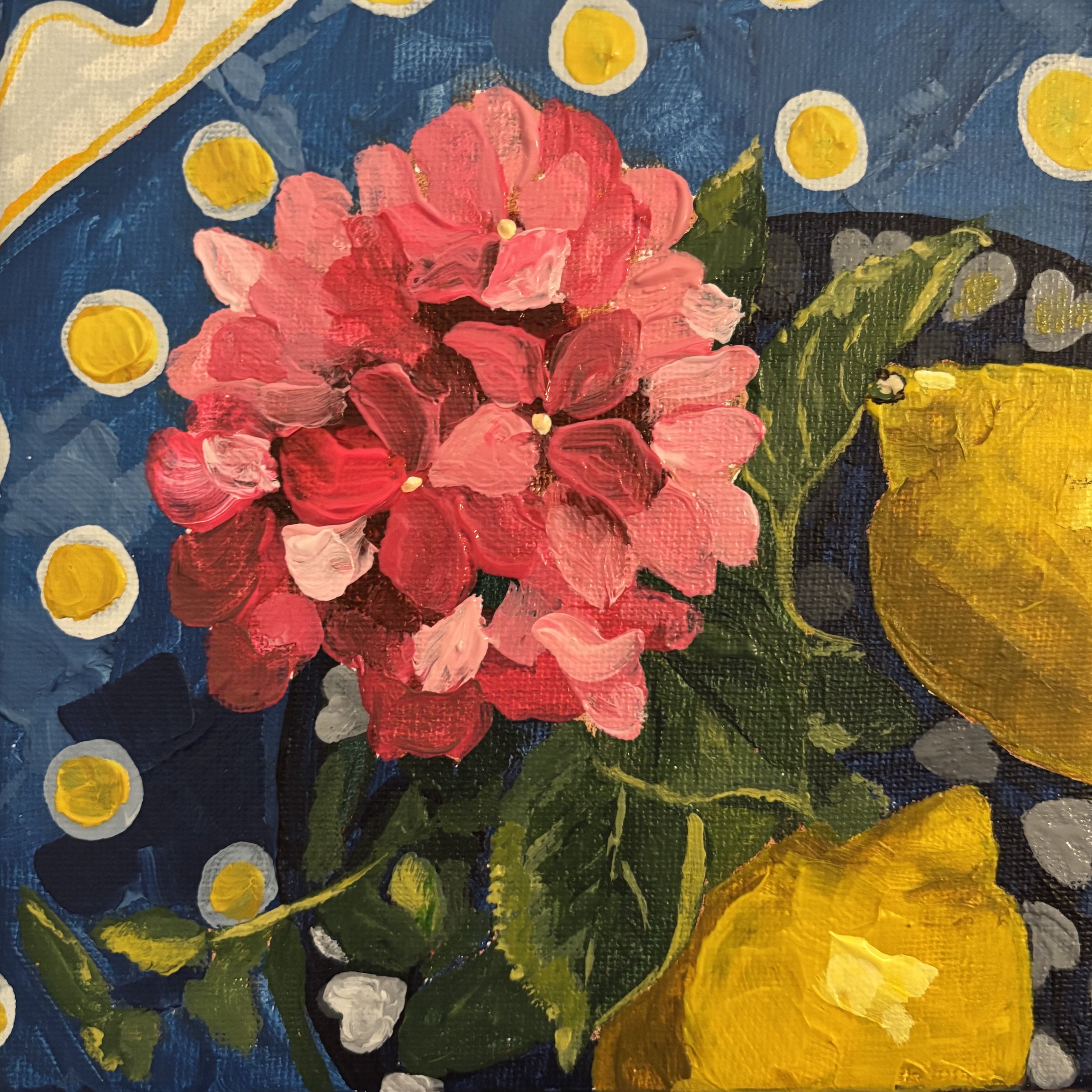 Pink Pop. 15x15cm acrylic painting on canvas. Framed. Painting of pink hydrangea and lemons on Soma spotty napkin from India with polish ceramic heart bowl. Colourful art. Original Art. Art Studio in Tunbridge Wells. Artist & Architectural Designer.
