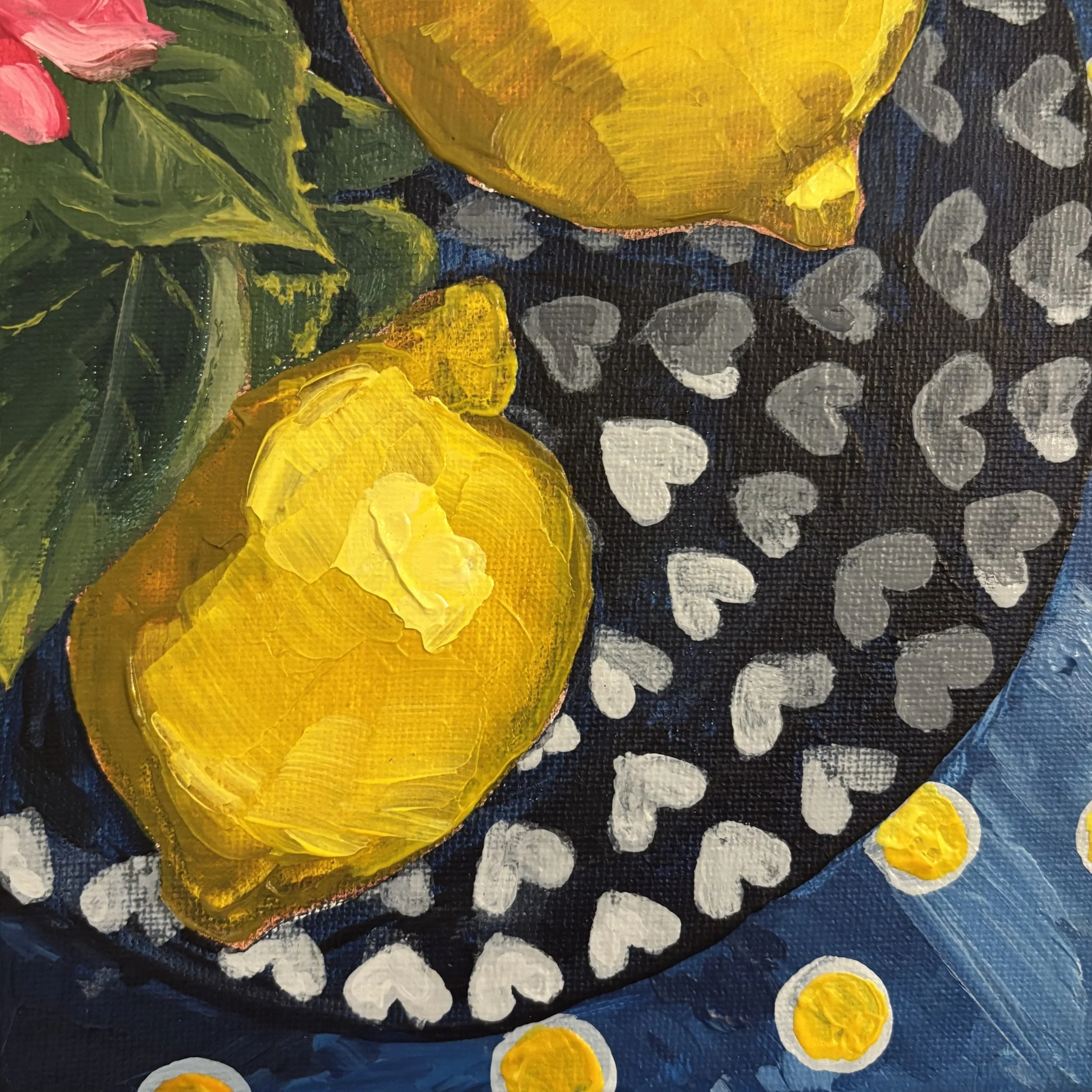 All Heart. 15x15cm acrylic painting on canvas. Framed. Painting of lemons on Soma spotty napkin from India with polish ceramic heart bowl. Colourful art. Original Art. Art Studio in Tunbridge Wells. Artist & Architectural Designer.