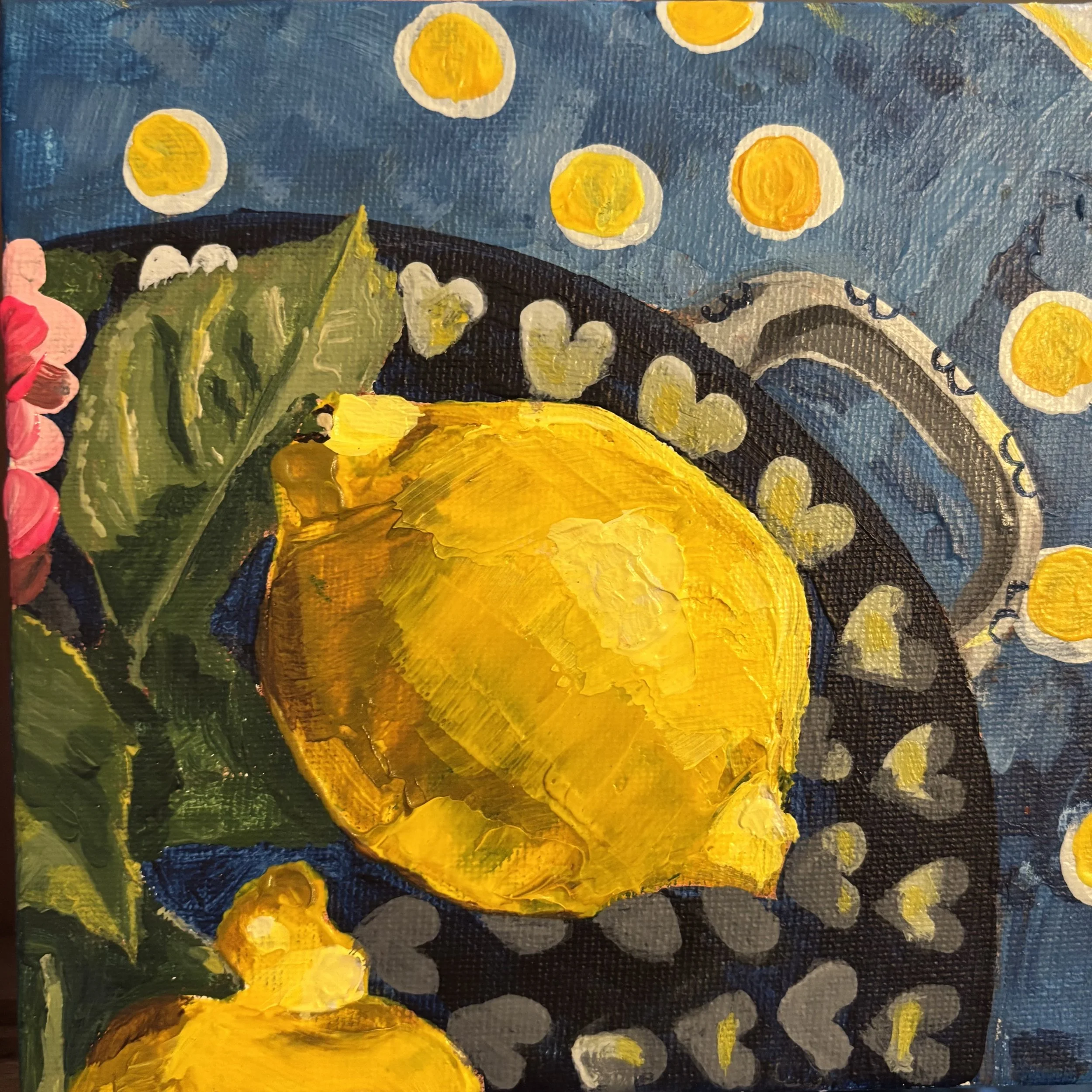 Lemon Burst. 15x15cm acrylic painting on canvas. Framed. Painting of lemons on Soma spotty napkin from India with polish ceramic heart bowl. Colourful art. Original Art. Art Studio in Tunbridge Wells. Artist & Architectural Designer.