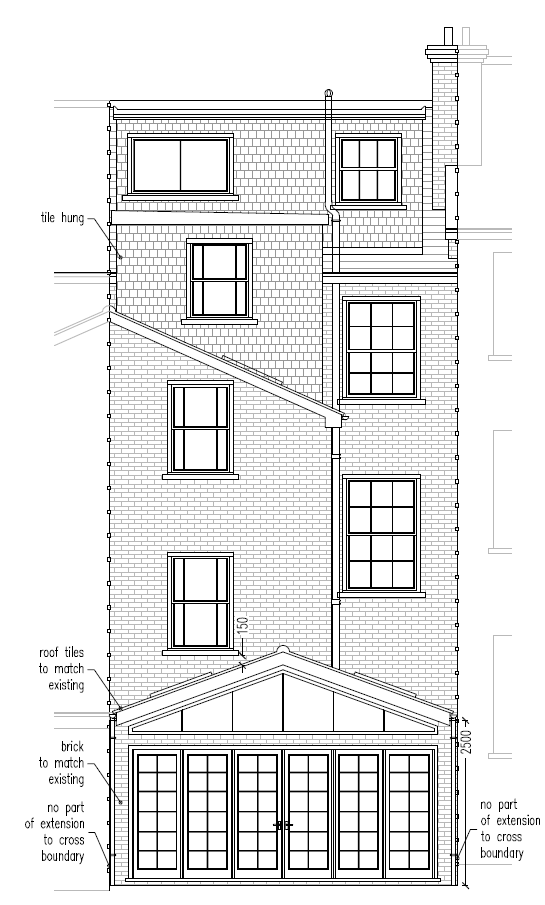 Architectural planning application drawing showing existing and proposed rear elevation of a residential terraced brick Victorian town house with L-shaped loft conversion and single storey extension with glazed gable. Tunbridge Wells