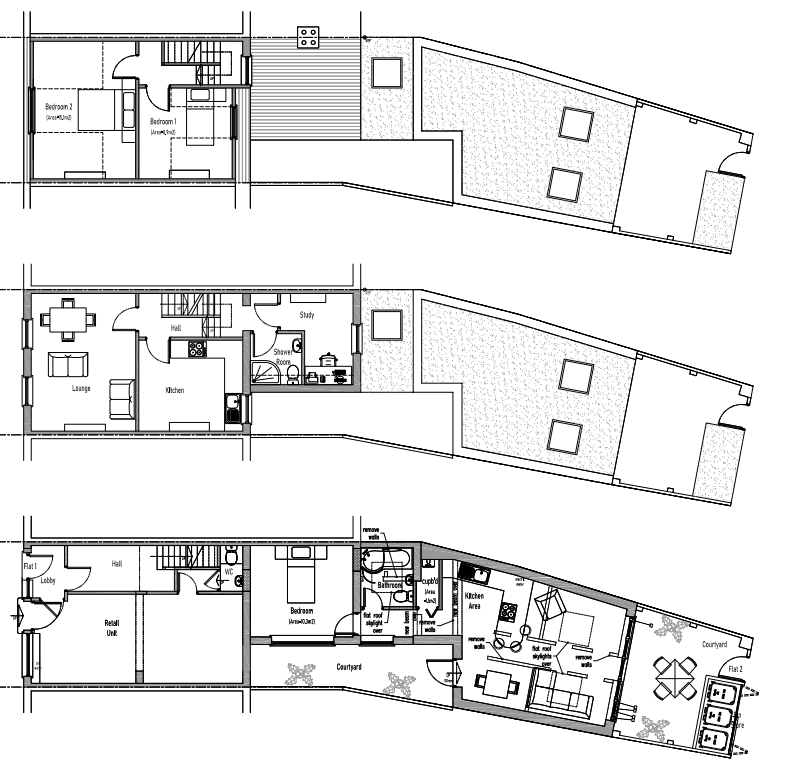 Architectural planning drawings showing proposed plans of conversion into two flats and retail. New entrance into upper 2 bedroom flat and conversion of ground floor store area into luxury one bedroom flat with courtyard. Bromley