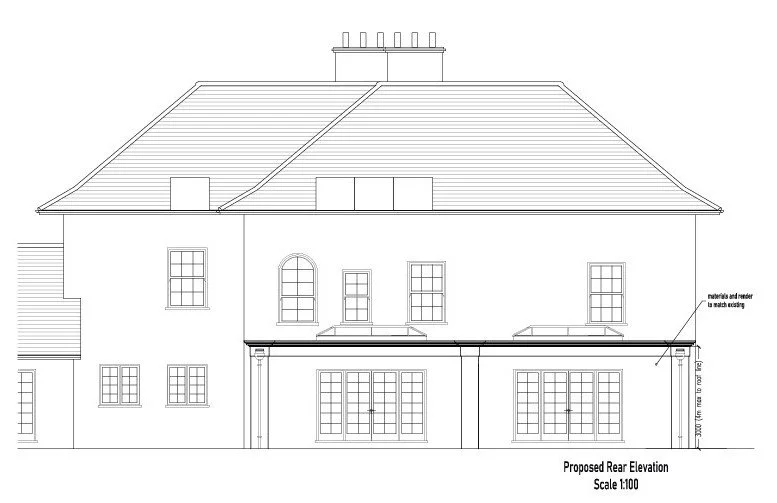 Architectural planning drawing of proposed rear elevation of a house showing rear single storey extension. Orangerie style. Kitchen extension. Internal alterations. Architectural designer. Pratts Bottom. Kent.