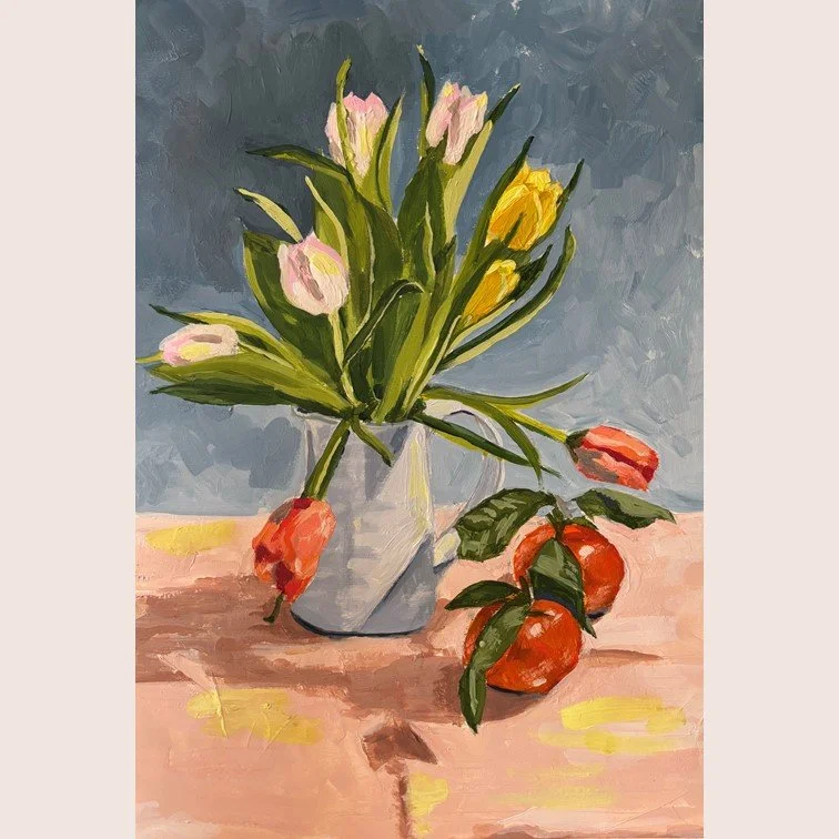 Rainbow tulips and satsumas