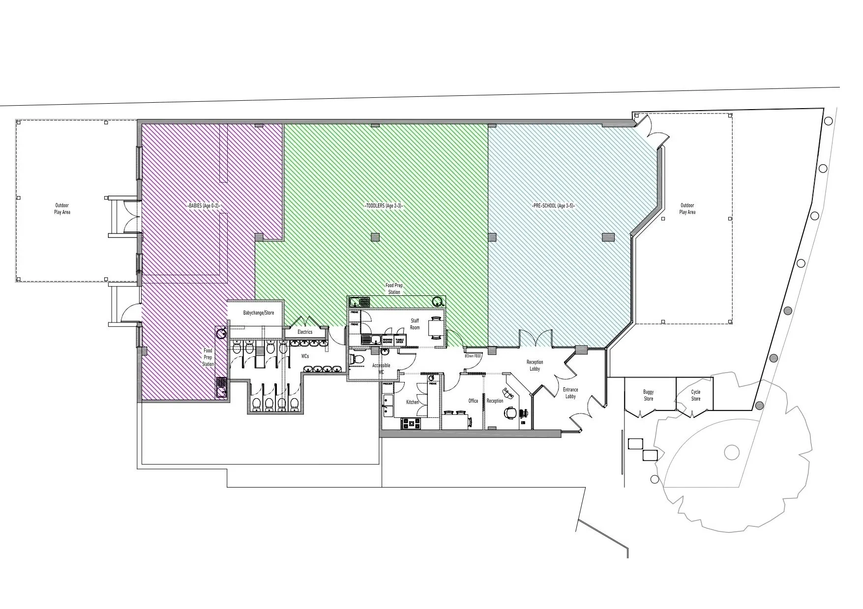 Proposed floor plan layout for feasibility study for a daycare nursery. Layout includes indoor play area divided into zones for babies, toddlers, and preschoolers, with outdoor play areas, reception, offices, restrooms, kitchen, and storage spaces.