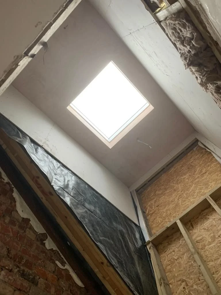 Loft Conversion. Architectural Designer. Master bedroom, bathroom. Master suite. During construction. skylight. stairwell. Tunbridge Wells. Victorian terrace house.