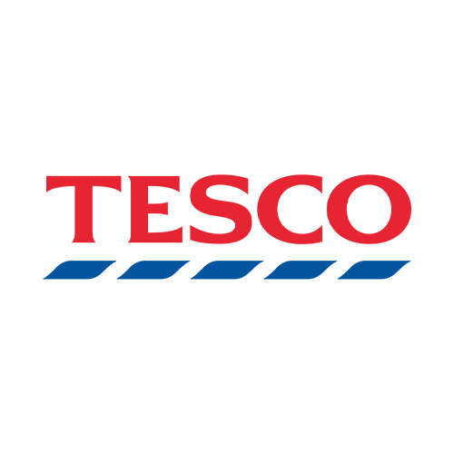 Tesco logo with red text and blue arrow design underneath.