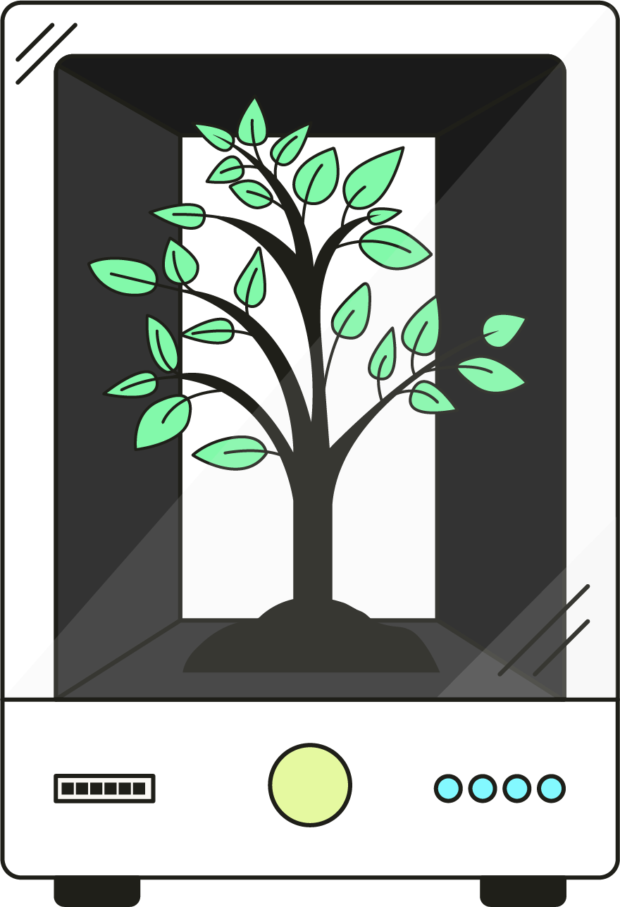 A digital illustration of a plant with green leaves inside a glass case, viewed through a camera or scanner.