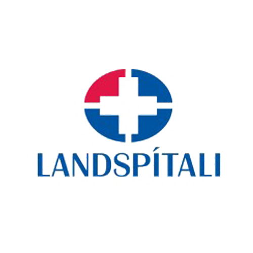 Logo of Landspítali, Iceland's National University Hospital, featuring a cross within a circle divided into red and blue segments, with the word "LANDSPÍTALI" underneath.