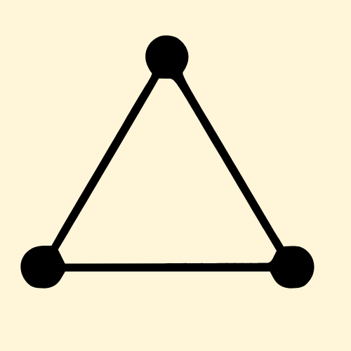 Black triangle with a circle at each vertex on a beige background.