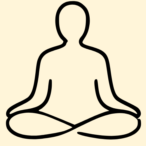 Simplified outline drawing of a person sitting in a cross-legged meditative pose with hands resting on knees.