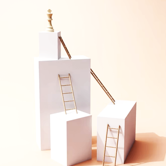 Three white blocks of varying heights with wooden ladders leaning against them, and a chess king statue on top of the highest block.