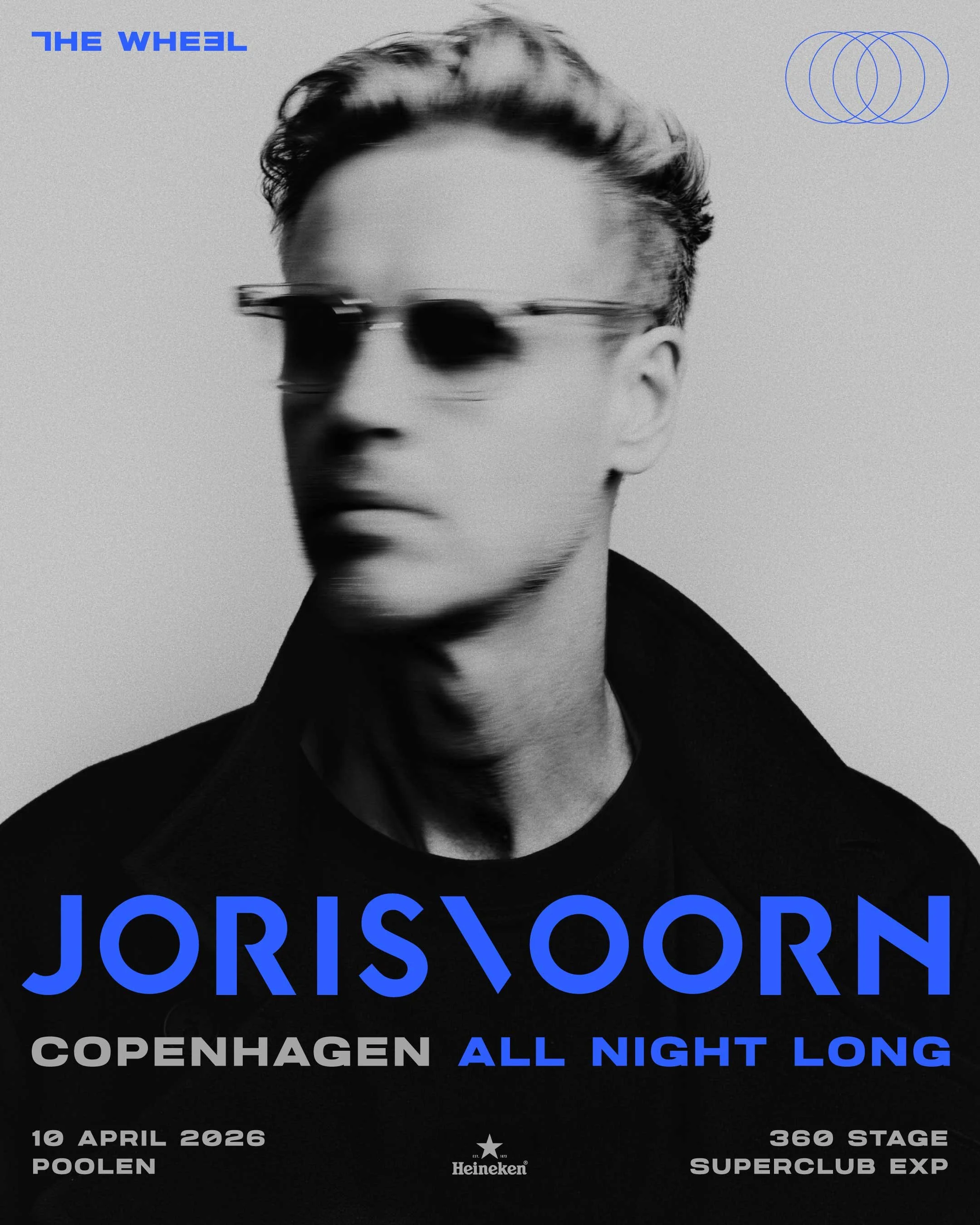 Black and white promotional poster of a DJ or music artist with blurred face wearing sunglasses, advertising a concert in Copenhagen on April 10, 2026, at PooLen with the theme 'All Night Long' on the 36° Stage at Superclub Exp, sponsored by Heineken.