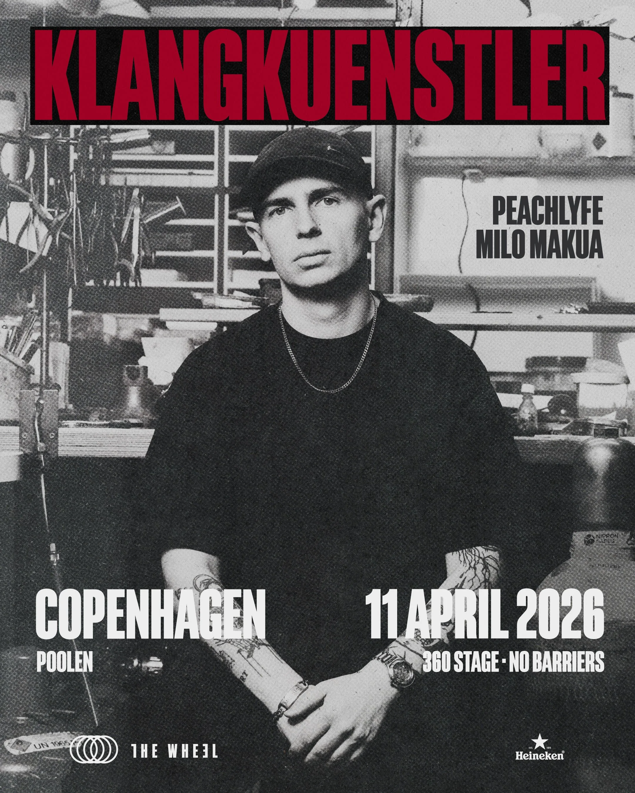 Poster announcing a music event featuring Klangkuenstler, Peachlyfe, and Milo Makua, scheduled for April 11, 2026, in Copenhagen at Poolen, with details about the stage and sponsors.