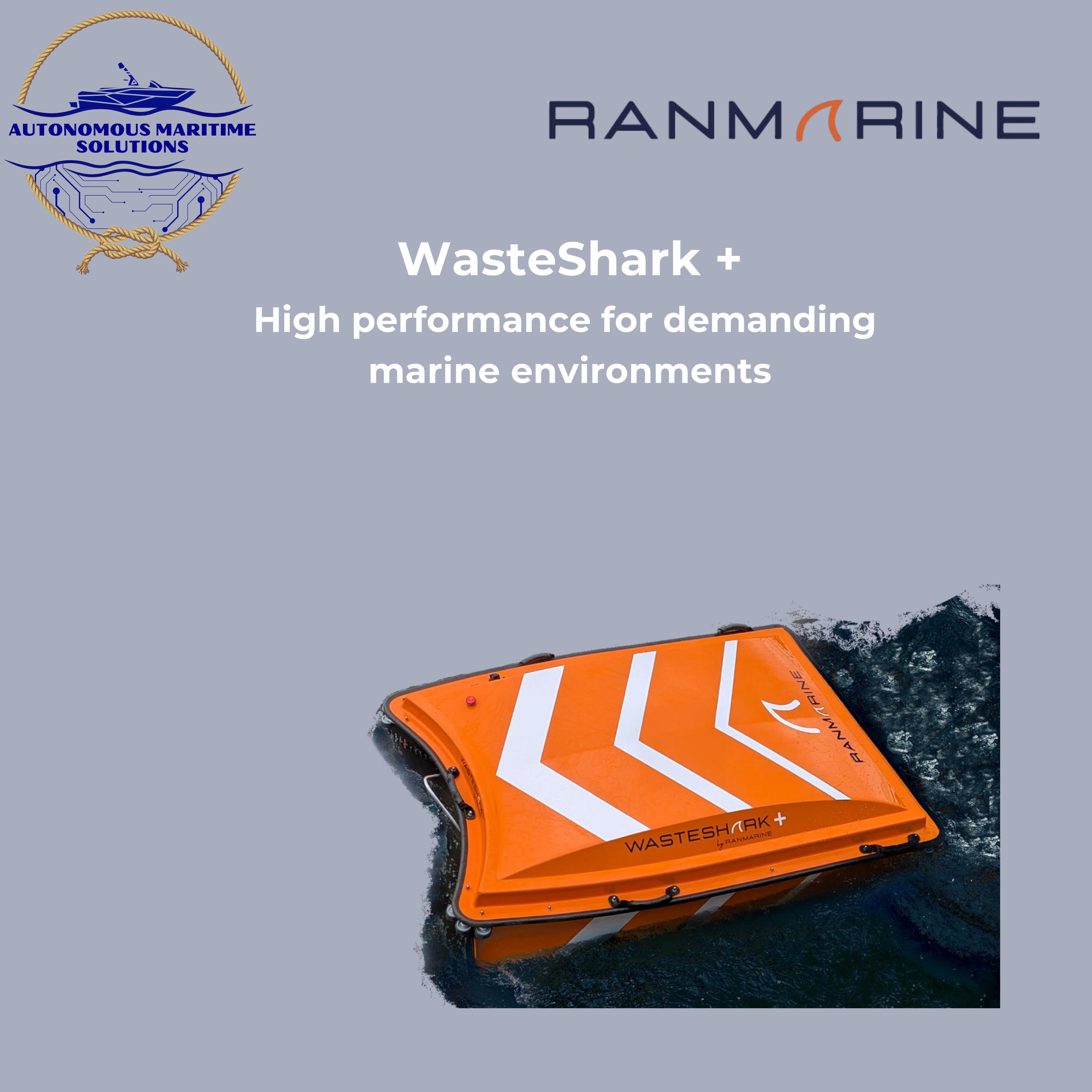 Orange autonomous marine drone on water with white markings and the words 'WasteShark +' and 'Ranmarine' on it, used for underwater waste collection.