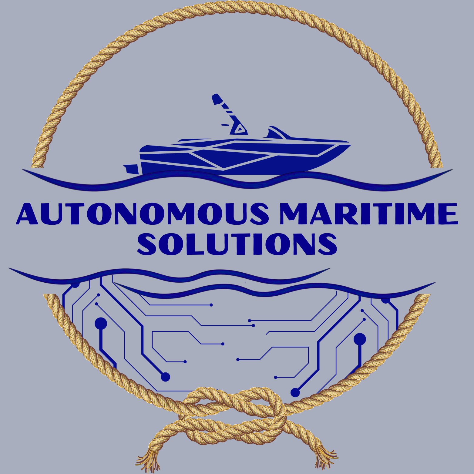 Logo with a boat above the words "Autonomous Maritime Solutions" and a circuit-like pattern below, surrounded by a nautical rope.