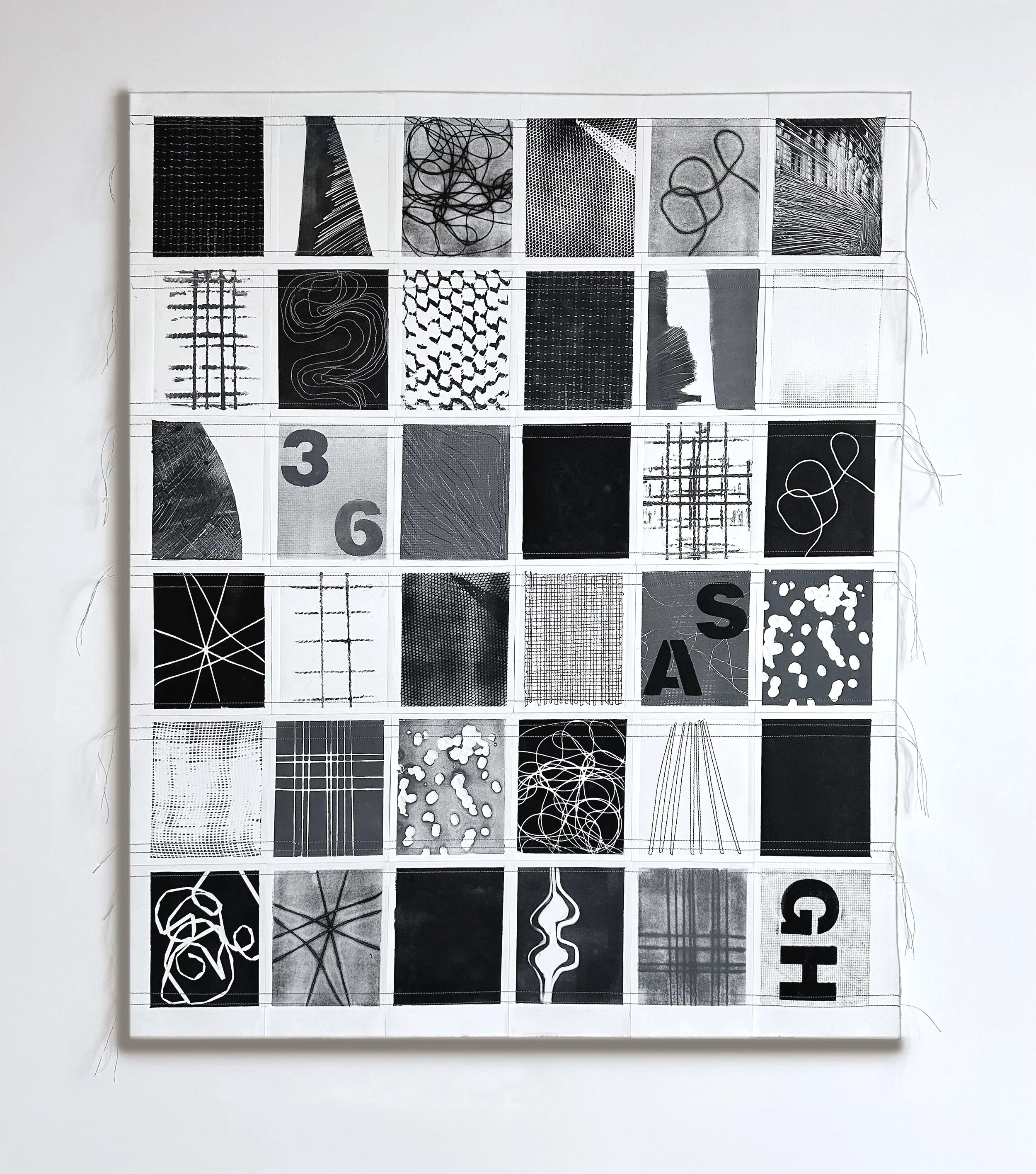 Assembly: 36 collaborated with Susan Harris, monoprints on 100% rag paper, cotton thread, on view at Arts Benecia 8/15/26-9/27/26, $2900