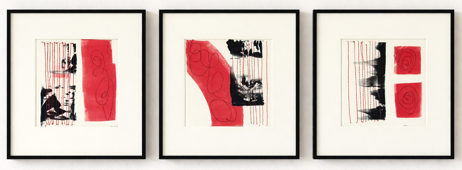 Untitled, monoprints with machine stitching, each frame is 12”x12”, $1200 for the set 